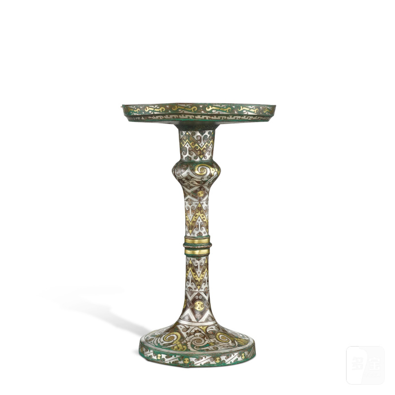 An archaic silver and gold-inlaid bronze 'geometric' lamp, Western Han dynasty | 西漢 銅錯金銀幾何紋高足燈